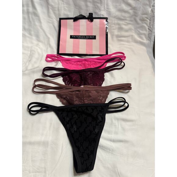 NWOT - Victoria’s Secret PINK Double Strap Cotton & Lace Thongs Size S - Picture 1 of 2